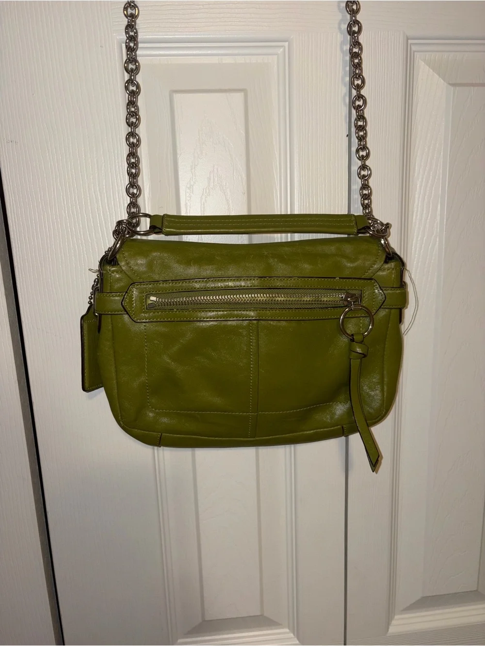 Coach Olive Green Leather Crossbody with Silver Chain Strap